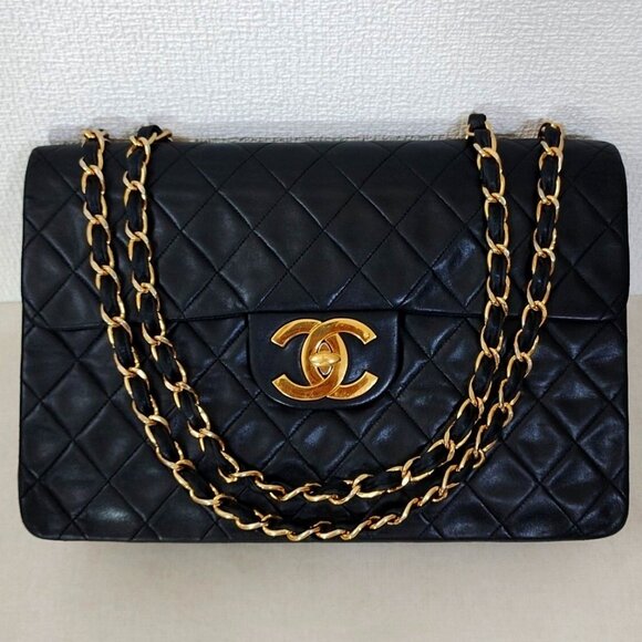 Authentic CHANEL Jumbo Maxi XL 24K Gold Flap Bag Lambskin Chain Shoulder Black - Picture 1 of 16